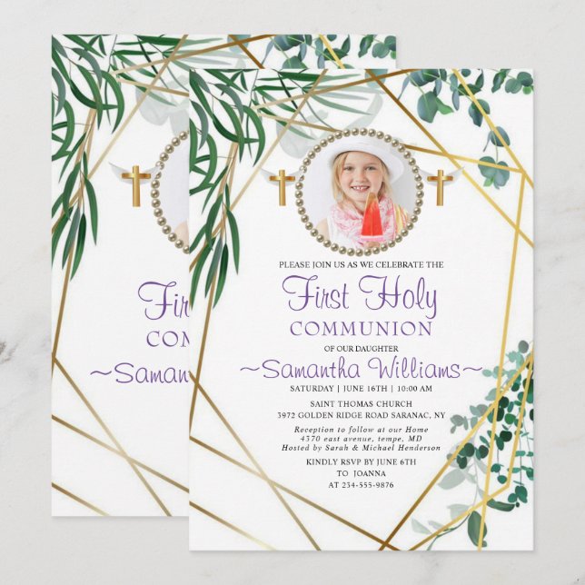 Botanical Foliage Photo First Communion Invitation (Front/Back)