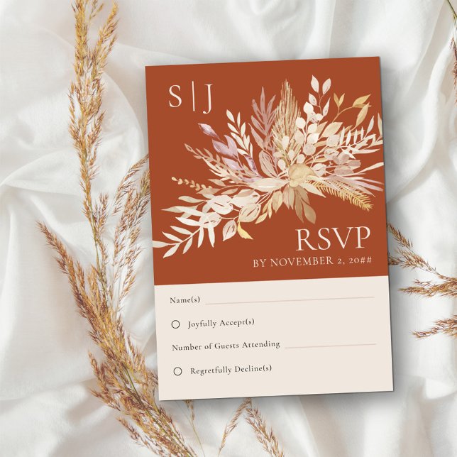 Botanical Foliage Terracotta Monogram Wedding RSVP Card (Terracotta wedding RSVP with bride and groom monogram. Burnt orange with neutral cream foliage.)