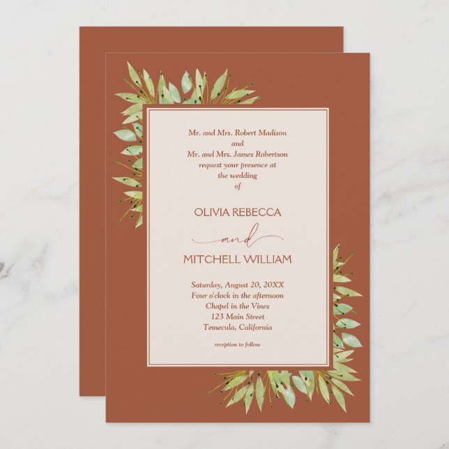 Botanical Foliage Terracotta Wedding Invitation (Front/Back)