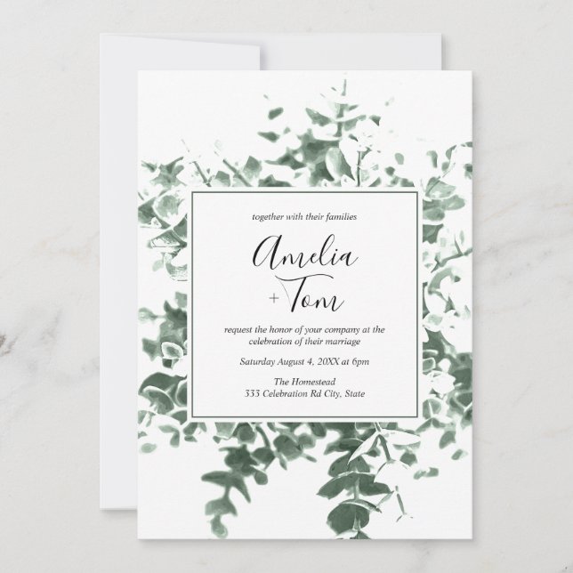Botanical Foliage Watercolor Calligraphy Wedding Invitation (Front)