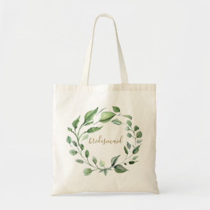 Botanical Foliage Wreath Bridesmaid Script Tote Bag