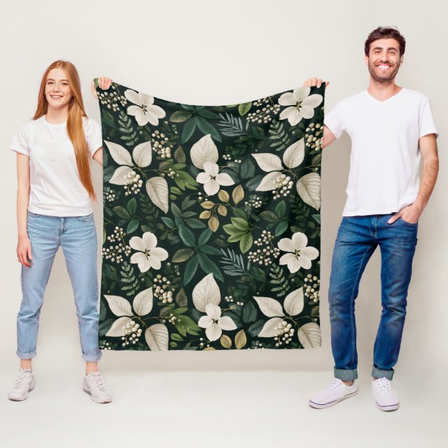 Botanical Forest Leaf White Floral Pattern Fleece Blanket (In Situ)