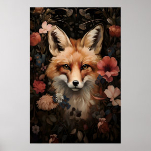Botanical Fox Print, Dark Academia Floral Art Poster