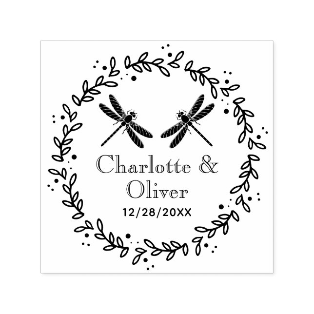 Botanical Frame 2 Dragonflies Couple Names Date Self-inking Stamp (Design)