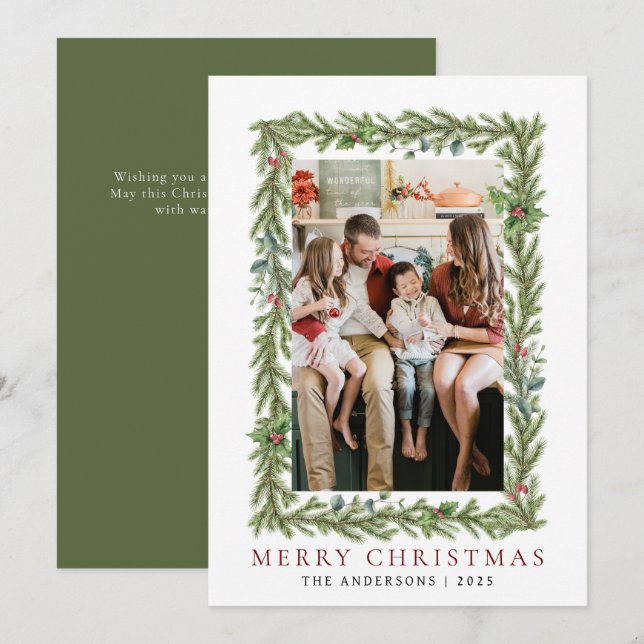 Botanical Frame Christmas | Elegant Family 1 Photo Holiday Card (Front/Back)