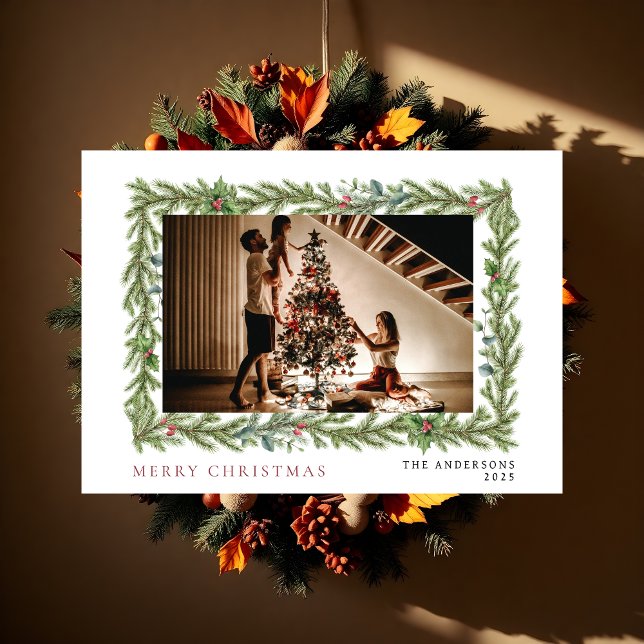Botanical Frame Christmas | Elegant Family 1 Photo Holiday Card (Creator Uploaded)