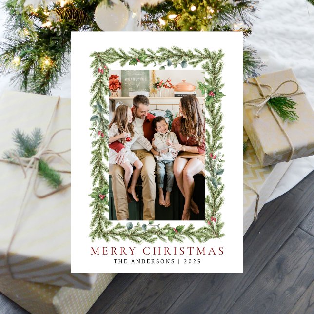 Botanical Frame Christmas | Elegant Family 1 Photo Holiday Card (Creator Uploaded)
