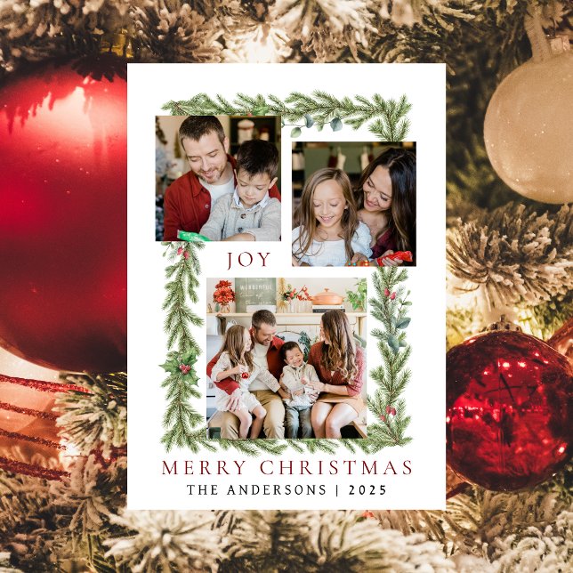 Botanical Frame Christmas | Elegant Family 3 Photo Holiday Card (Creator Uploaded)