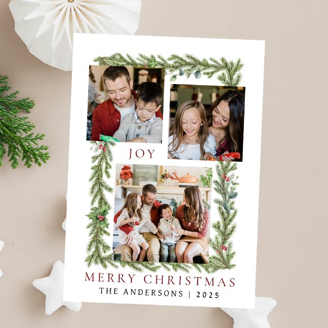 Botanical Frame Christmas | Elegant Family 3 Photo Holiday Card (Creator Uploaded)