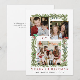 Botanical Frame Christmas Elegant Family 3 Photo Holiday Card