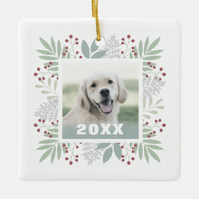 Botanical Frame Custom Pet Photo Cute Dog Holiday Ceramic Ornament (Front)