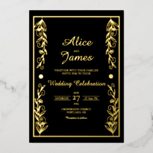 Botanical Frame Elegant Black Gold Foil Wedding
