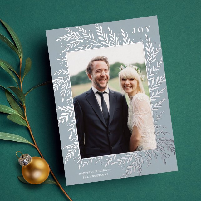 Botanical Frame Holiday Photo Silver Foil Card (Creator Uploaded)