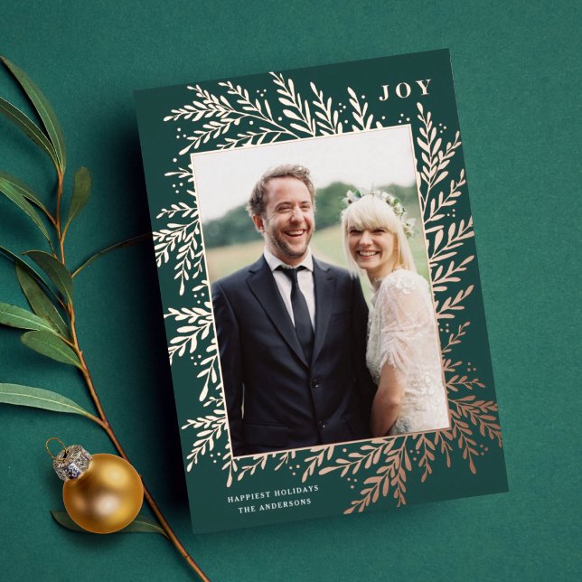 Botanical Frame JOY Holiday Photo Gold Foil Card (Creator Uploaded)