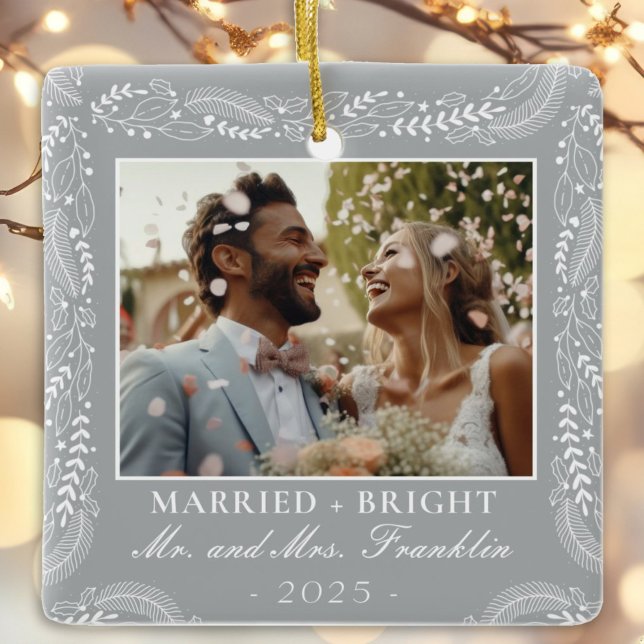 botanical frame photo 1st Christmas Married Ceramic Ornament (Creator Uploaded)