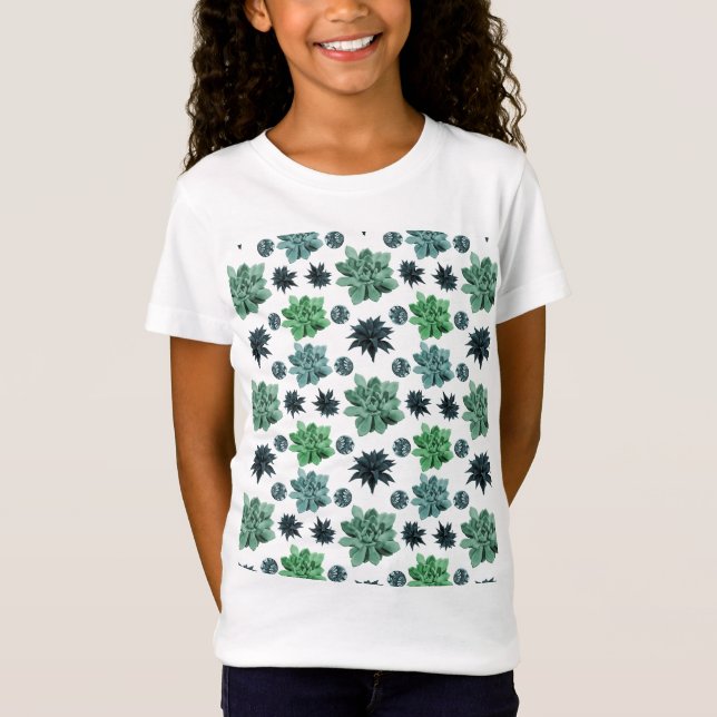 Botanical Garden Cute Teal Succulent Pattern T-Shirt (Front)