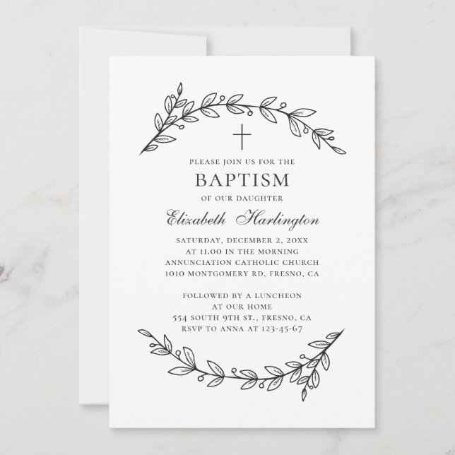 Botanical garden. Elegant black and white baptism Invitation (Front)