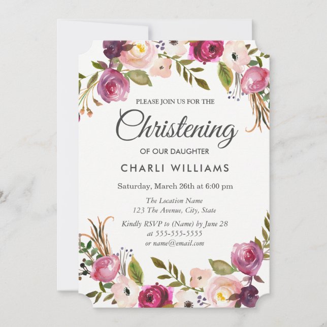 Botanical Garden Floral Christening baptism invite (Front)