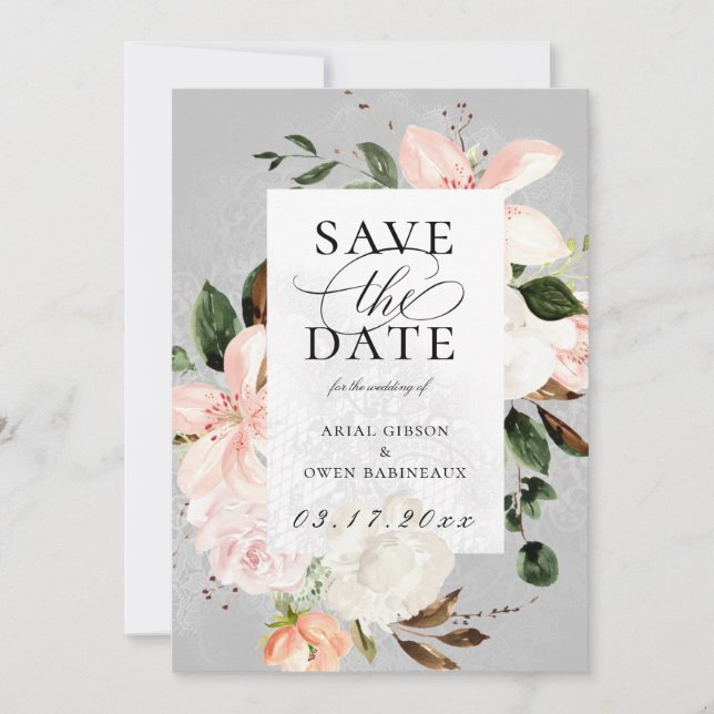 Botanical Garden Floral Lace Save the Date Photo Announcement (Front)