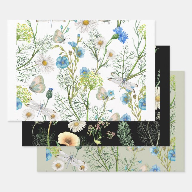 Botanical Garden Flowers Herbs Dragonflies Wrapping Paper Sheet (Set)