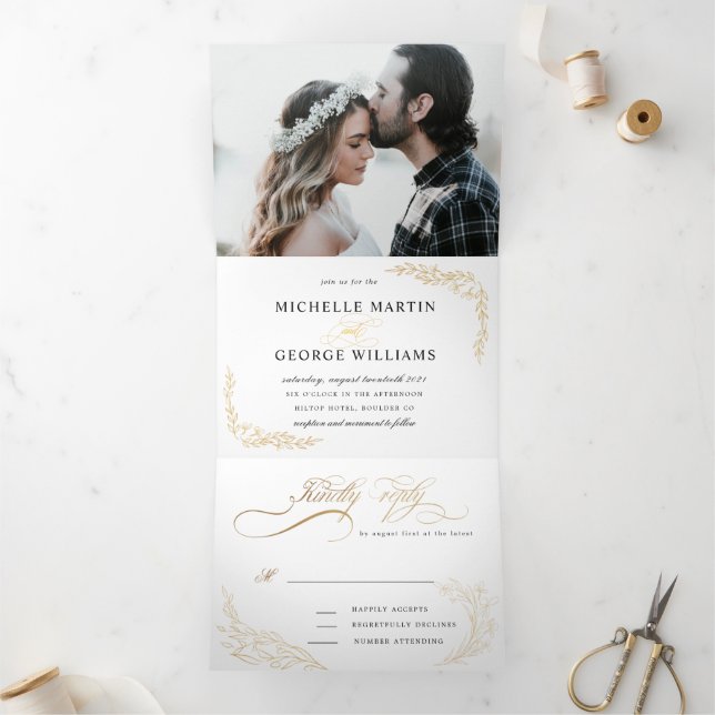 botanical garden gold tri fold wedding invitation (Inside)