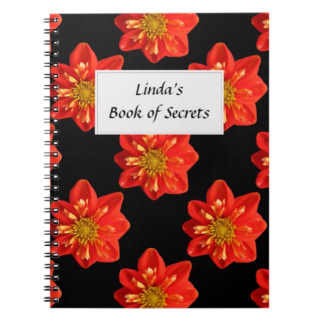 Botanical Garden Orange Dahlia Flower Text Label Spiral Notebook (Front)