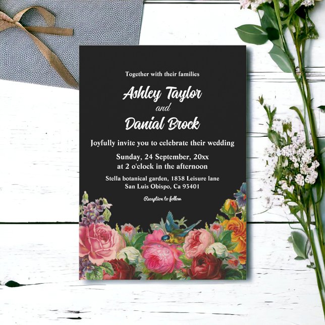 Botanical Garden Rustic Roses Black Floral Wedding Invitation (Creator Uploaded)