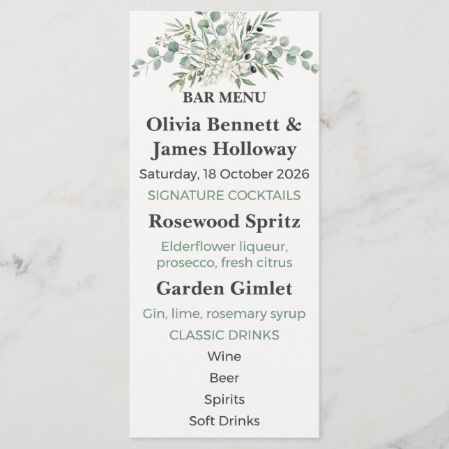 Botanical Garden Wedding Bar Menu (Front)