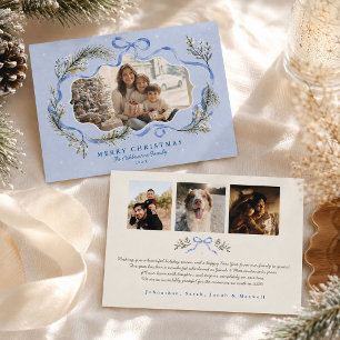 Botanical Garland Blue Bow Ribbon Family Photo Holiday Card
