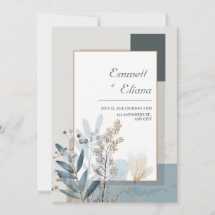 Botanical Geometric Blue and Beige Wedding  Invitation