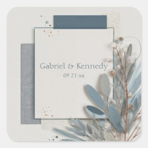 Botanical Geometric Blue and Beige Wedding  Square Sticker