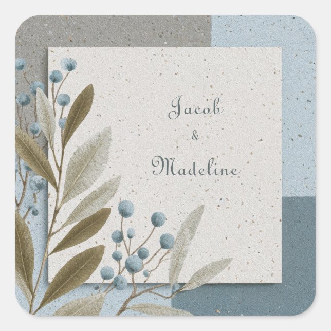 Botanical Geometric Blue and Neutral Wedding Square Sticker (Front)