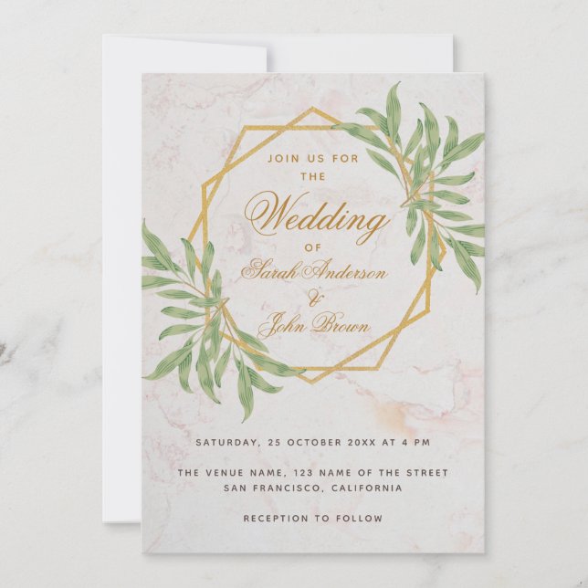 Botanical Geometric Greenery Gold Marble Wedding  Invitation (Front)
