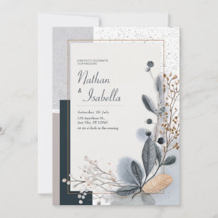 Botanical Geometric Neutral Blue Beige Wedding Invitation