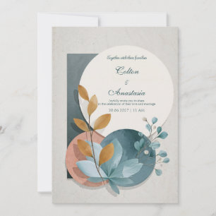 Botanical Geometric Terracotta Blue Green Wedding Invitation