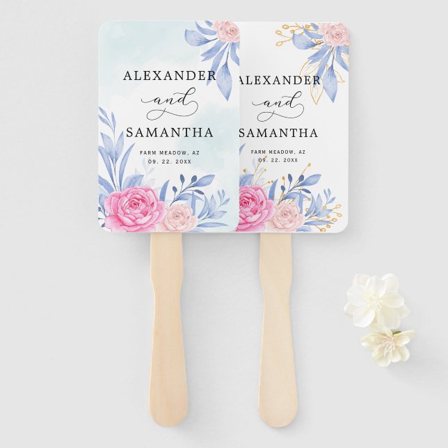 Botanical Gilded Gold Greenery Pink Rose Wedding Hand Fan (Front and Back)