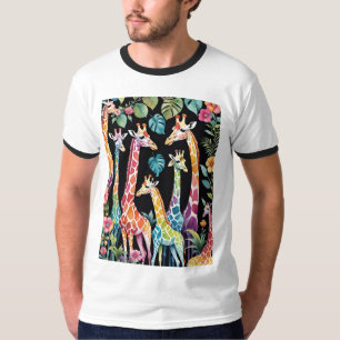 Botanical Giraffe Family With Black Background T-Shirt