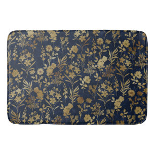 Botanical Gold Flowers Blue Pattern Bath Mat