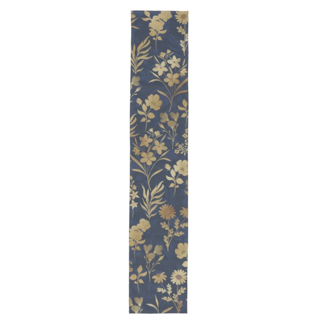 Botanical Gold Flowers Blue Pattern Medium Table Runner (Front)