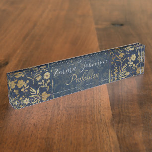 Botanical Gold Flowers Blue Pattern Nameplate