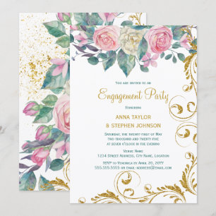 Botanical Gold Glitter Swirls Engagement Party Invitation