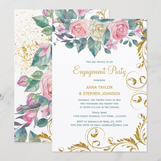 Botanical Gold Glitter Swirls Engagement Party Invitation (Front/Back)