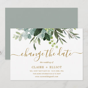 Botanical Gold & Green Wedding Change the Date Invitation