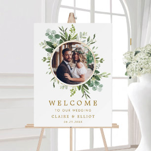 Botanical Gold Green Wreath Photo Wedding Welcome  Poster