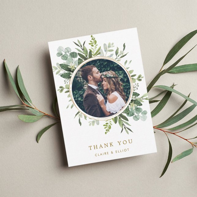 Botanical Gold Green Wreath Wedding Photo Thank You Card (Creator Uploaded)