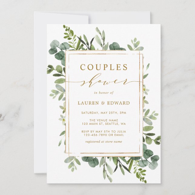 Botanical Gold Greenery Couples Shower Invitation (Front)