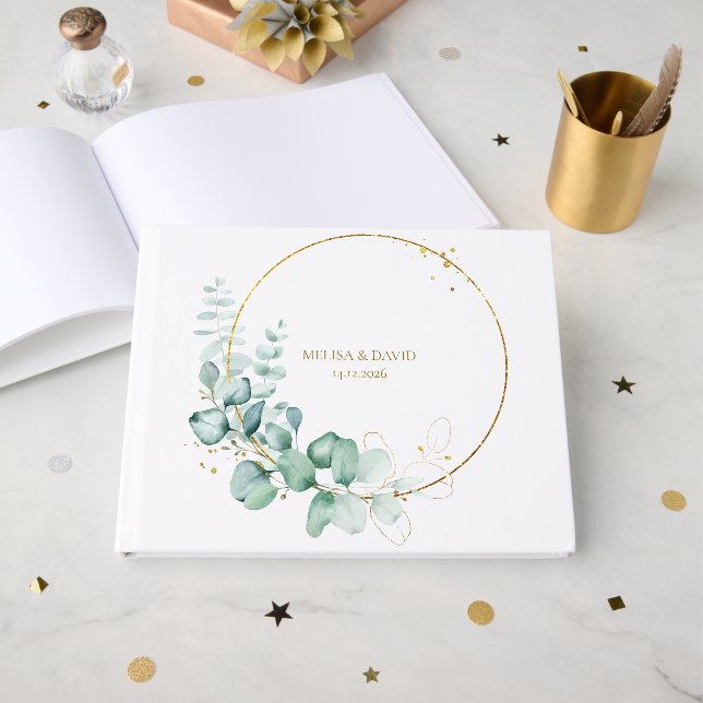 Botanical Gold Greenery Eucalyptus  Guest Book (Front Open)