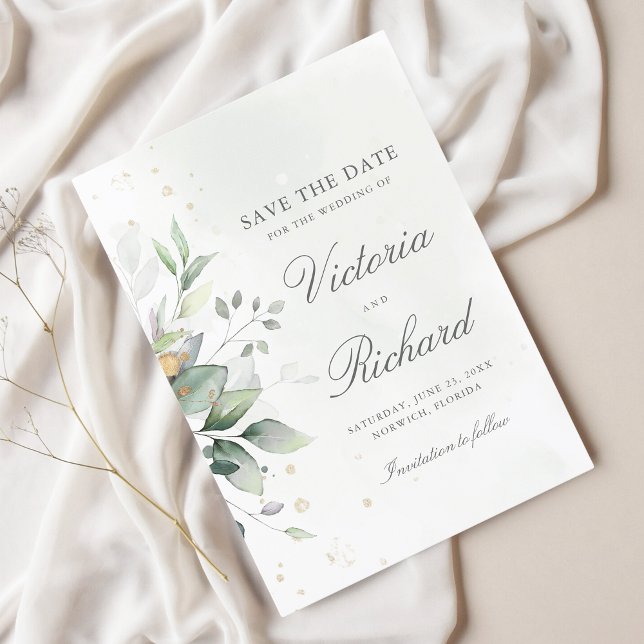 Botanical Gold Greenery Eucalyptus Wedding Save The Date (Creator Uploaded)