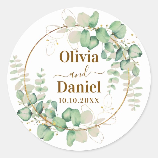 Botanical Gold Greenery Personalise For Wedding Classic Round Sticker (Front)