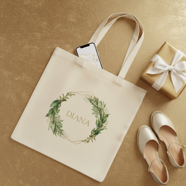 Botanical Gold Greenery Personalise Name Tote Bag  (Creator Uploaded)